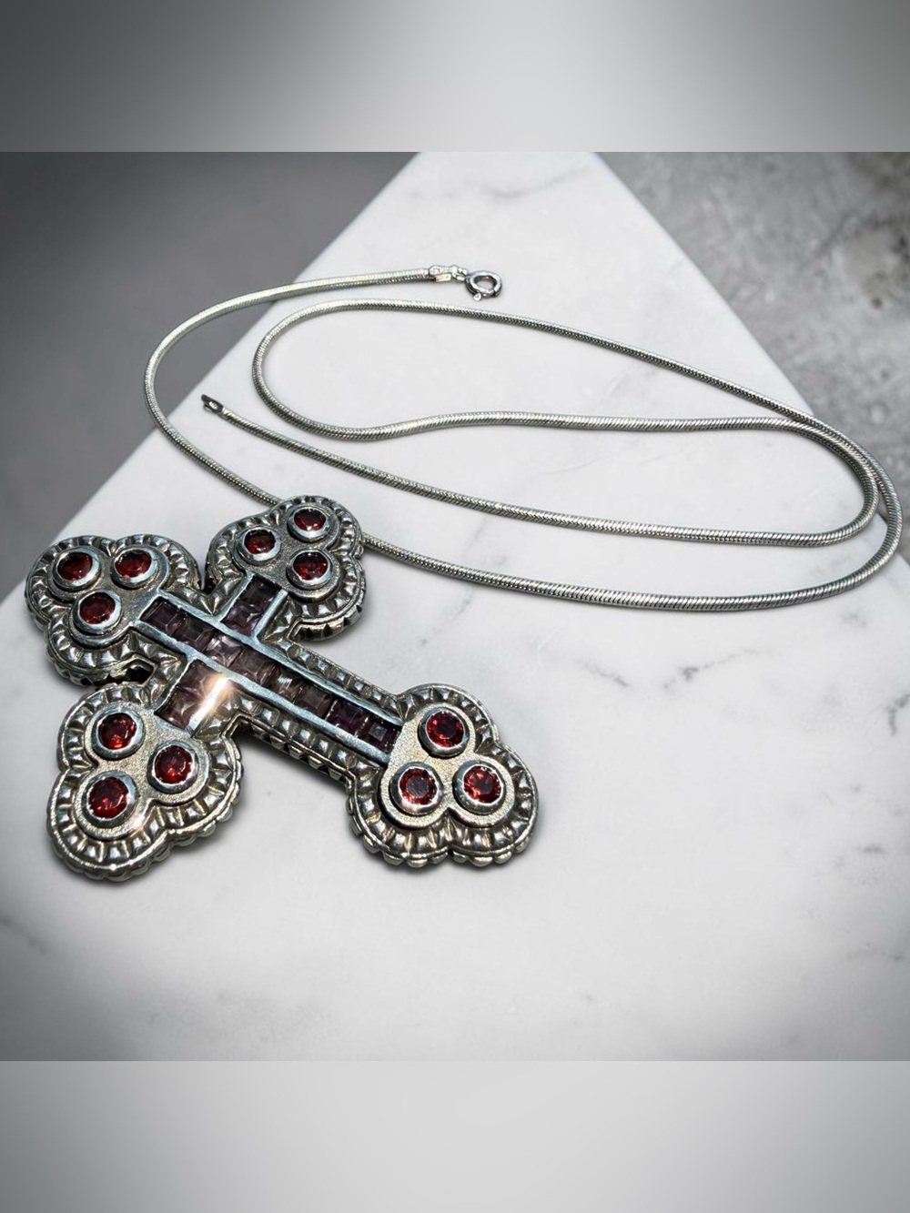 BARSE 2000 925 Sterling Silver Statement Cross Amethyst Garnet Italy Chain
